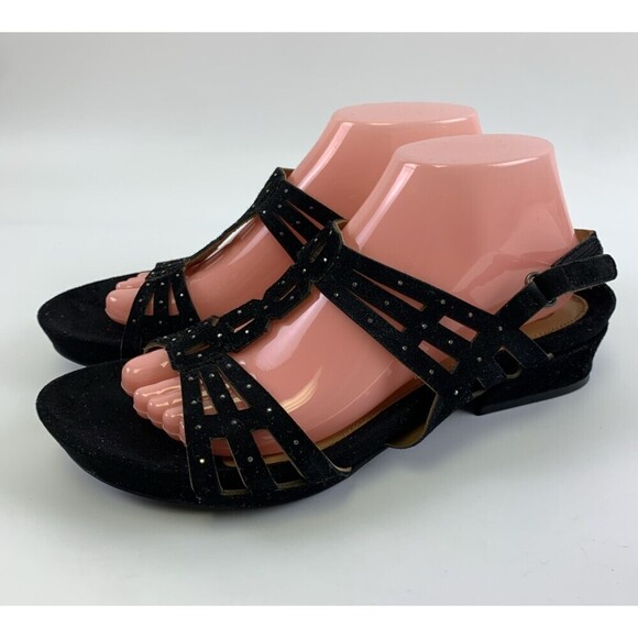 Earthies Tica Slingback Sandal Black Nubuck Leather Rhinestone Low Heel Size 9.5 - Picture 2 of 12